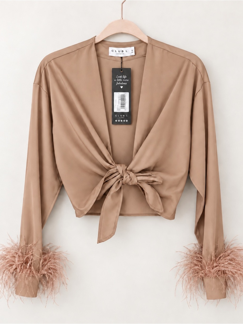 Club L London Beauty Pie Latte Satin Tie Front Feather Cuff Top NWT US 4